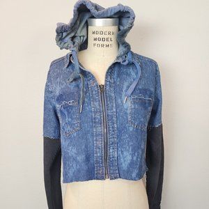 Moxie Distressed Oversized High-Low Hooded Denim Shacket